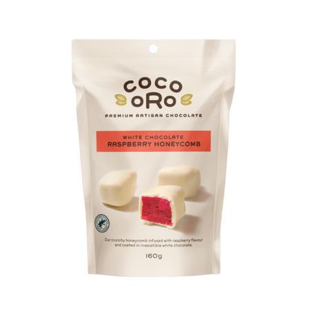 Coco Oro Dark White Chocolate Raspberry Honeycomb 160g available at The Prickly Pineapple
