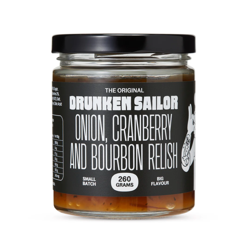 Drunken Sailor Onion, Cranberry & Bourbon Relish 260g avaliable at The Prickly Pineapple