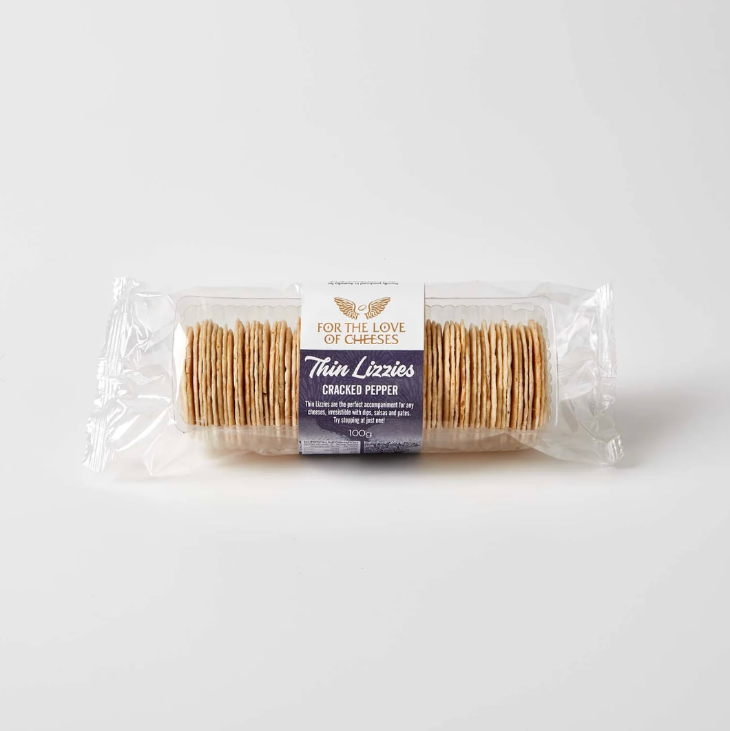 For the Love of Cheeses Thin Lizzies Cracked Pepper 100g available at The Prickly Pineapple