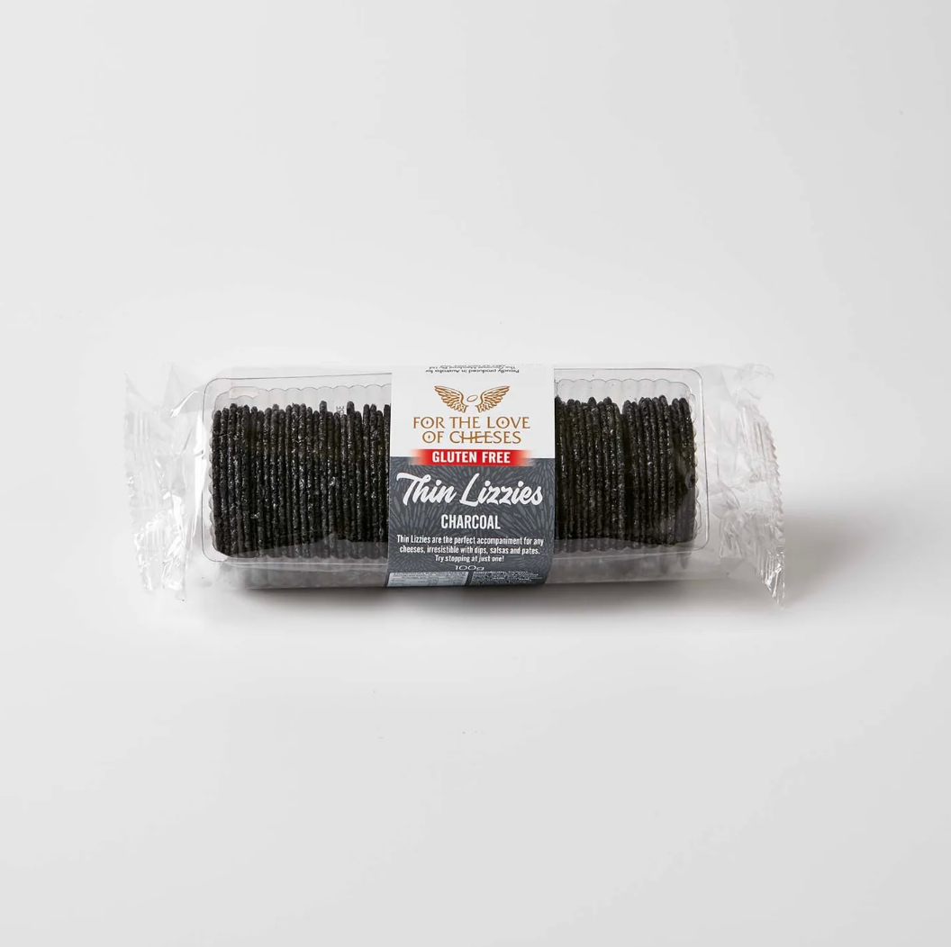 For the Love of Cheeses Thin Lizzies Wafer Charcoal Cracker GF 100g available at The Prickly Pineapple