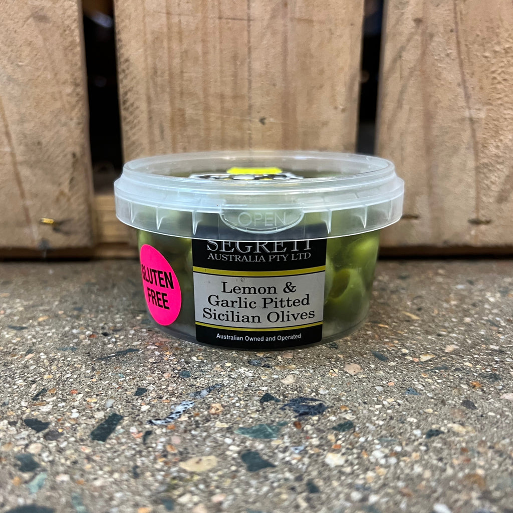 Segreti Sicilian Pitted Olives in Lemon & Garlic 200g available at The Prickly Pineapple