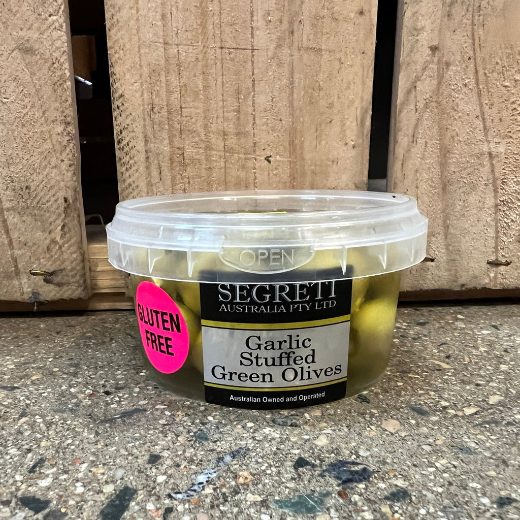 Segreti Green Olives stuffed with Garlic 200g available at The Prickly Pineapple