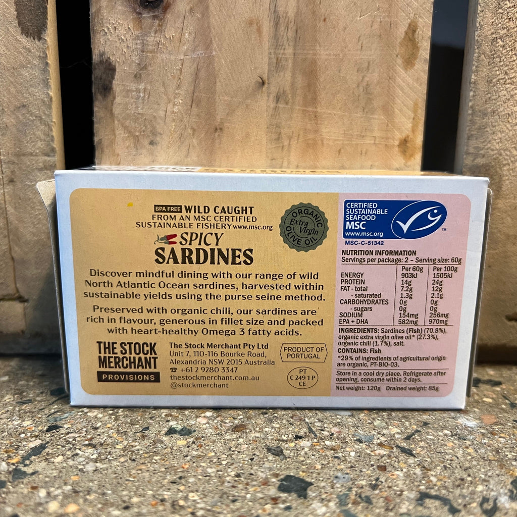 The Stock Merchant Spicy Sardines in Organic Extra Virgin Olive Oil 120g available at The Prickly Pineapple