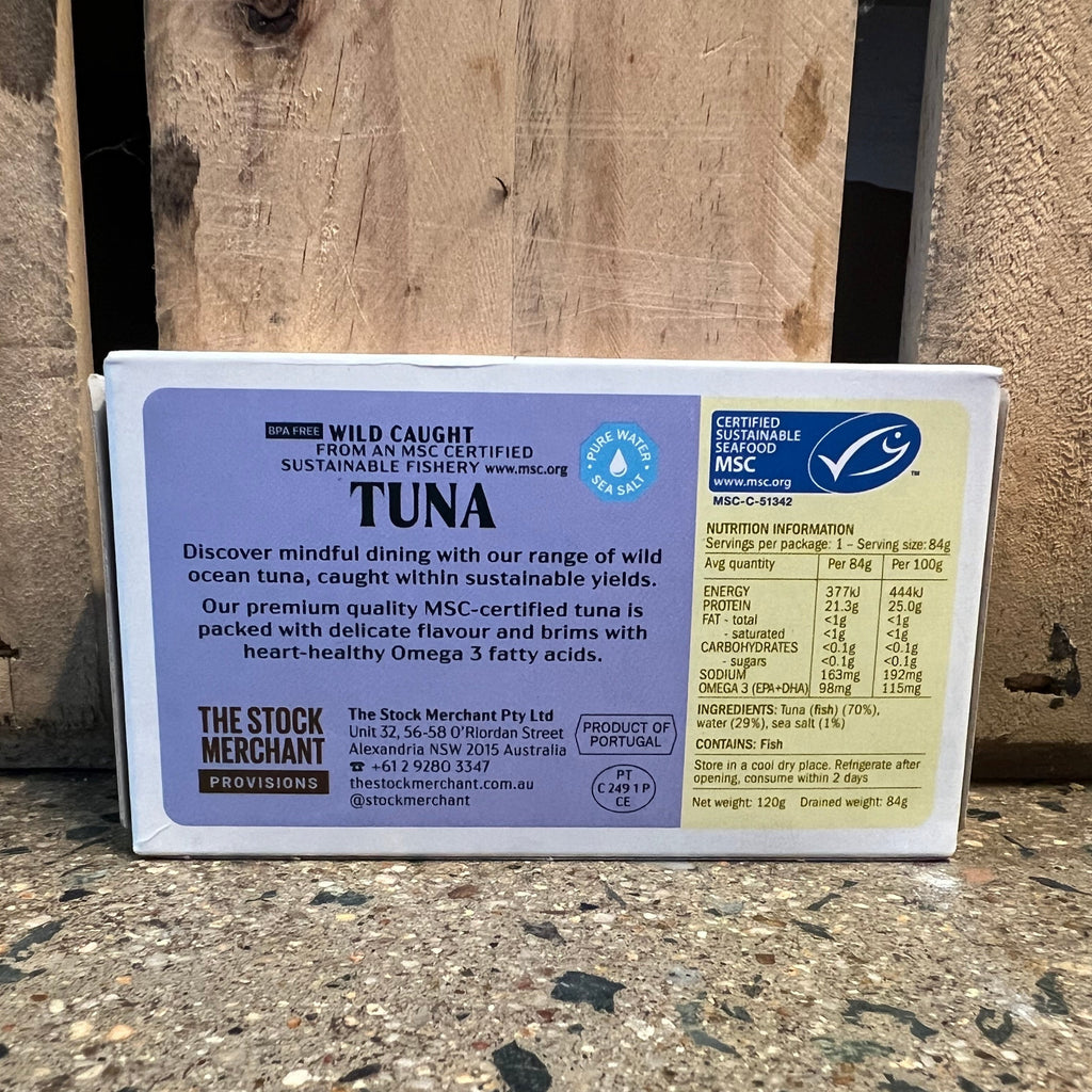 The Stock Merchant Tuna in Pure Water with Sea Salt 120g available at The Prickly Pineapple