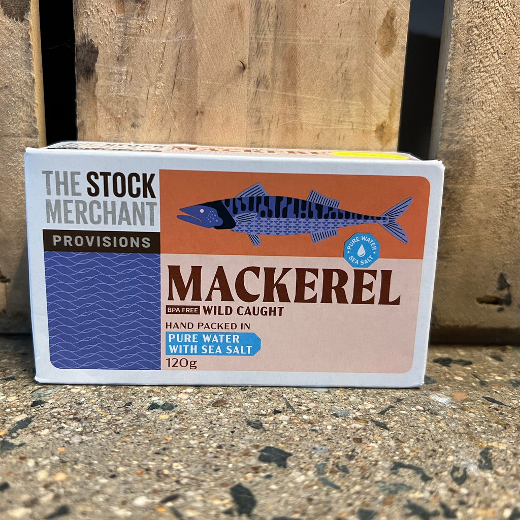 The Stock Merchant Mackerel in Pure Water with Sea Salt 120g available at The Prickly Pineapple