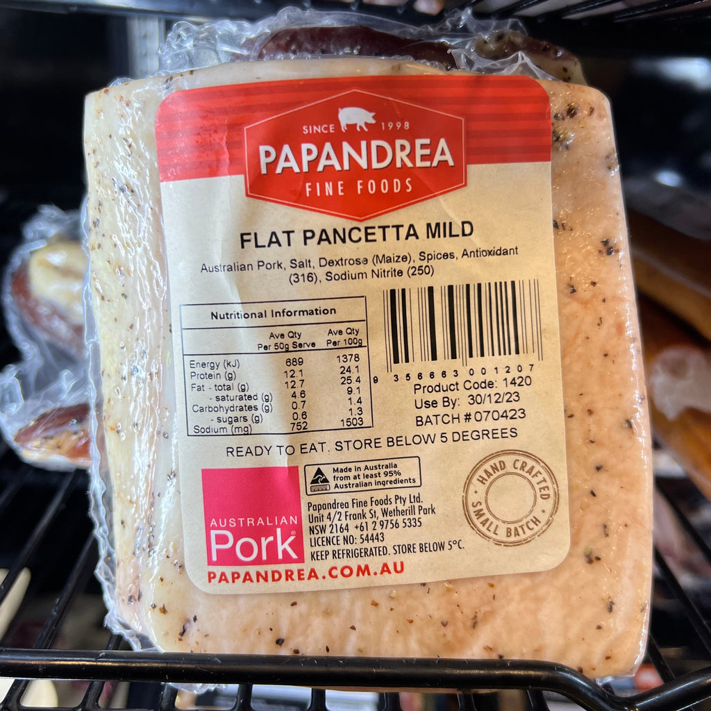 Papandrea Flat Pancetta Mild available at The Prickly Pineapple