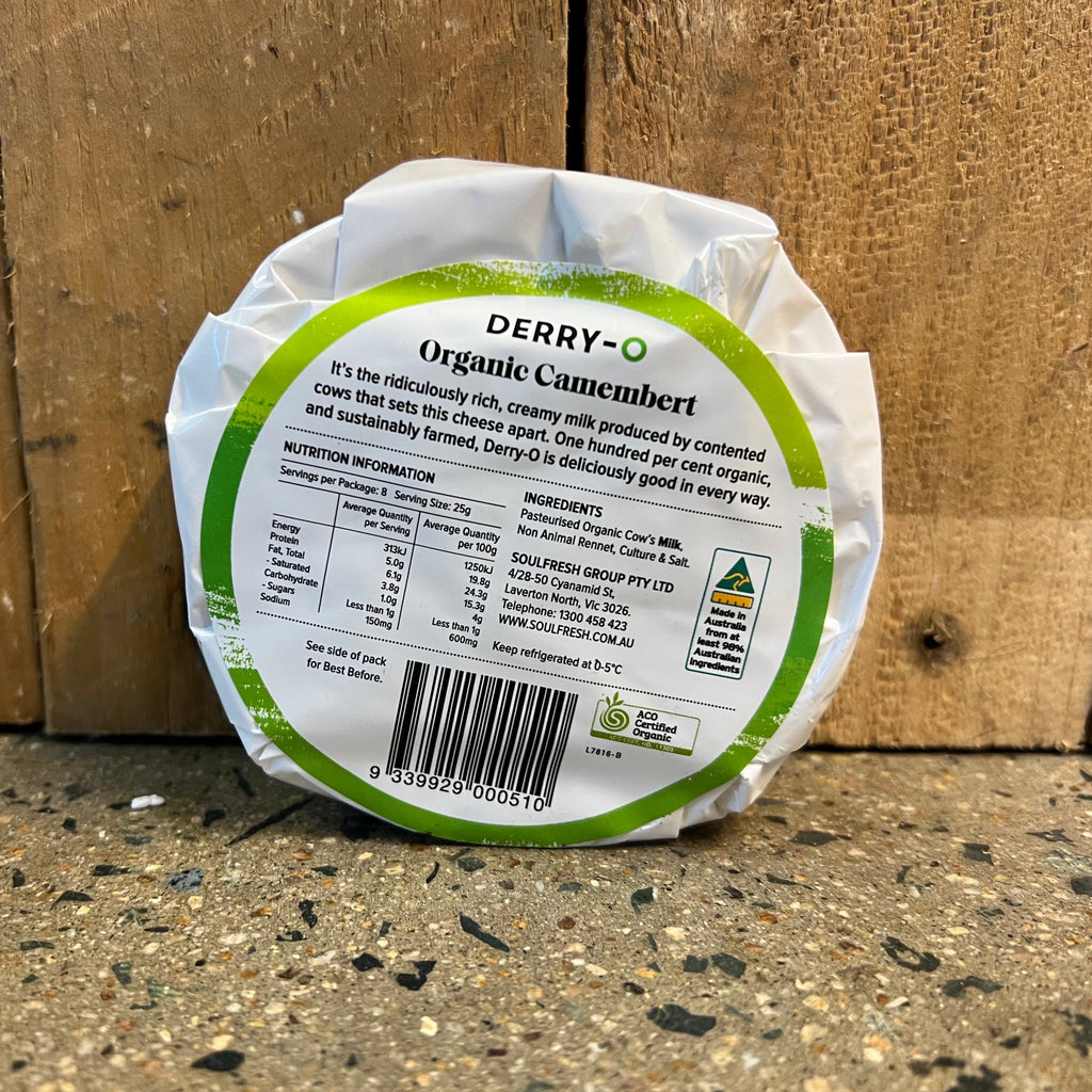 Derry-O Organic Camembert Cheese 200g available at The Prickly Pineapple