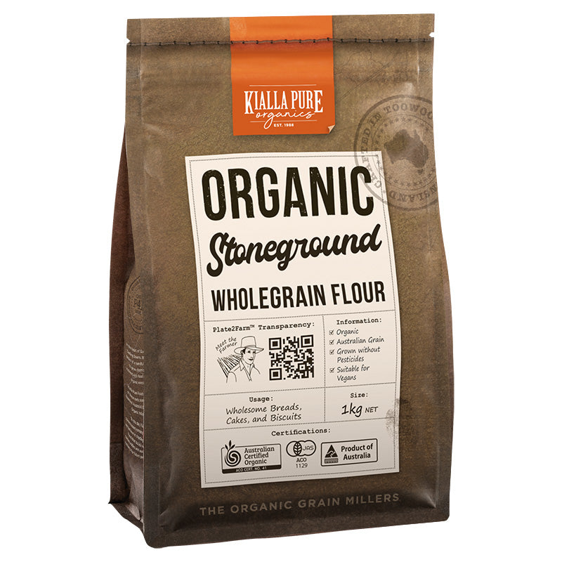 Kialla Pure Organics Organic Stoneground Wholegrain Plain Flour 1kg available at The Prickly Pineapple