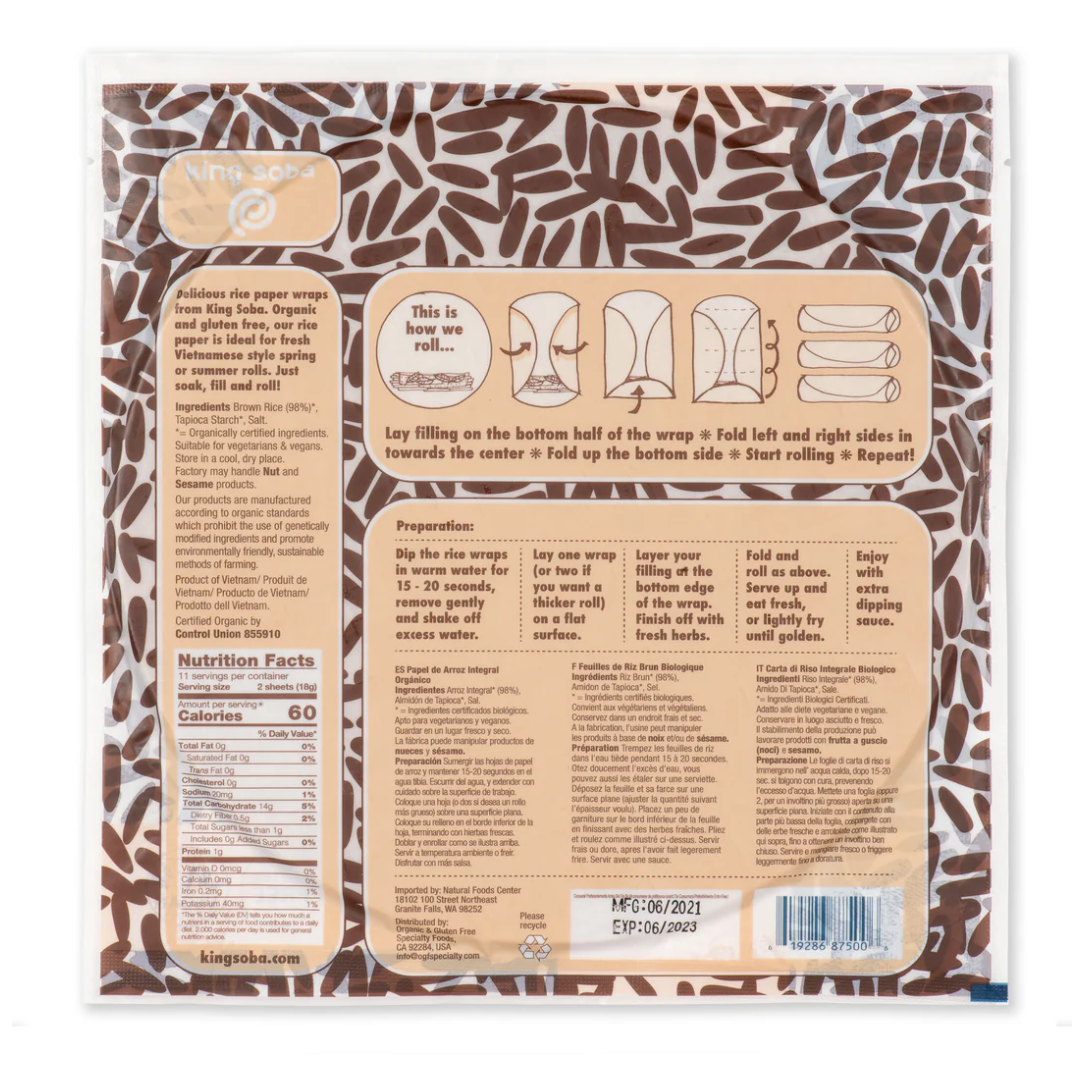 King Soba Organic Brown Rice Paper Spring Roll Wraps (22) available at The Prickly Pineapple