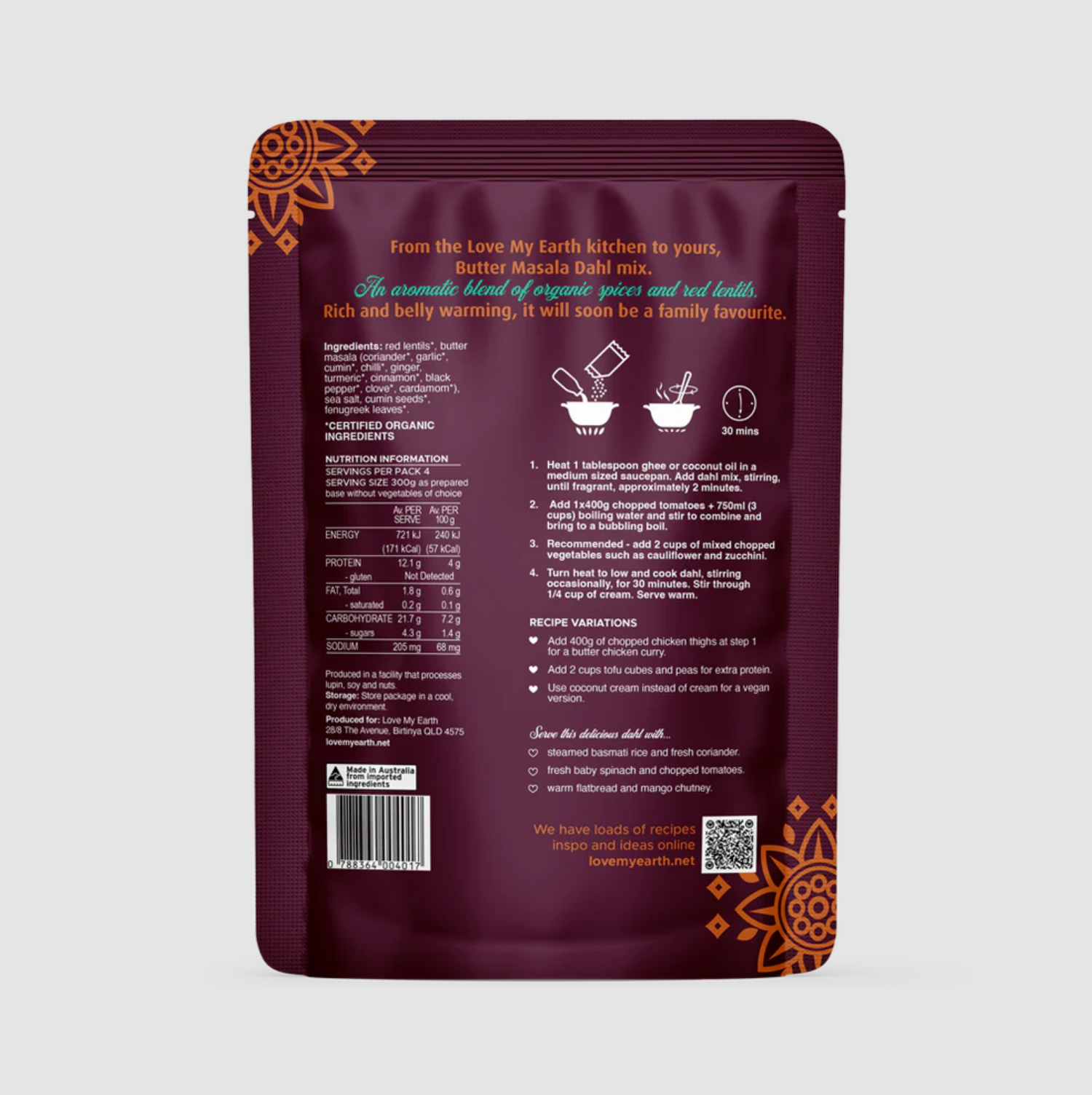 Love My Earth Organic Dahl Mix Butter Masala 200g available at The Prickly Pineapple