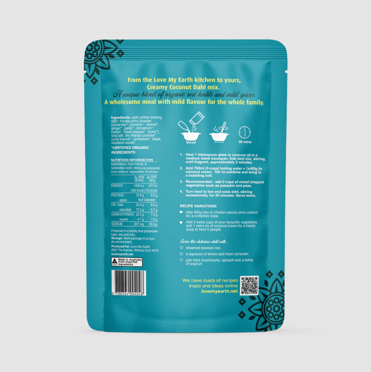 Love My Earth Organic Dahl Mix Creamy Coconut Masala 200g available at The Prickly Pineapple