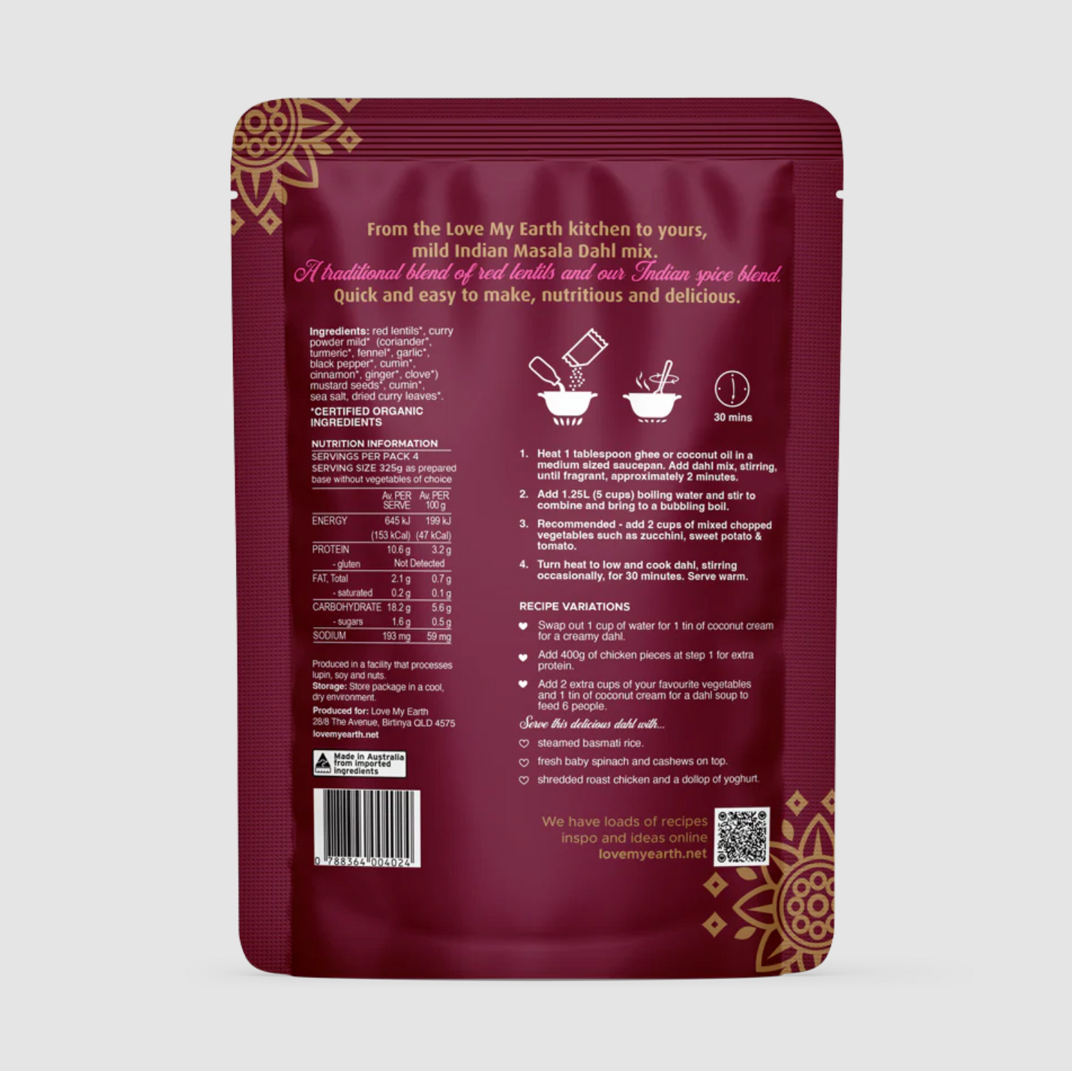 Love My Earth Organic Dahl Mix Indian Masala 200g available at The Prickly Pineapple