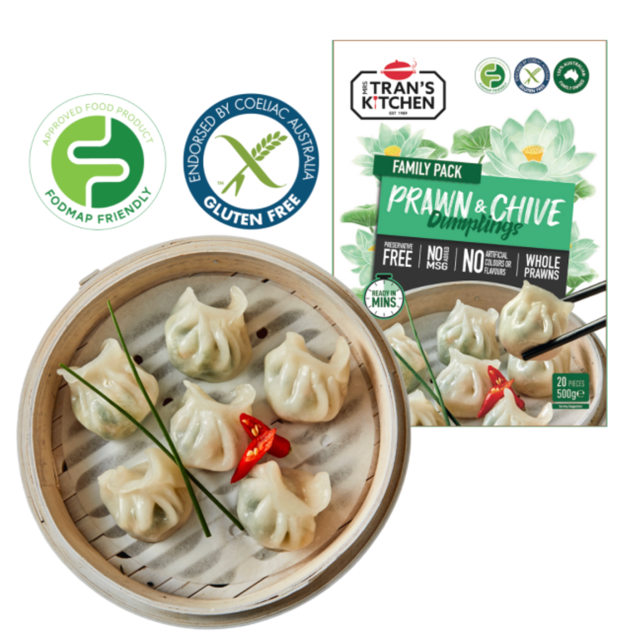 Mrs Trans Kitchen Prawn & Chives Dumplings (GF) 500g available at The Prickly Pineapple