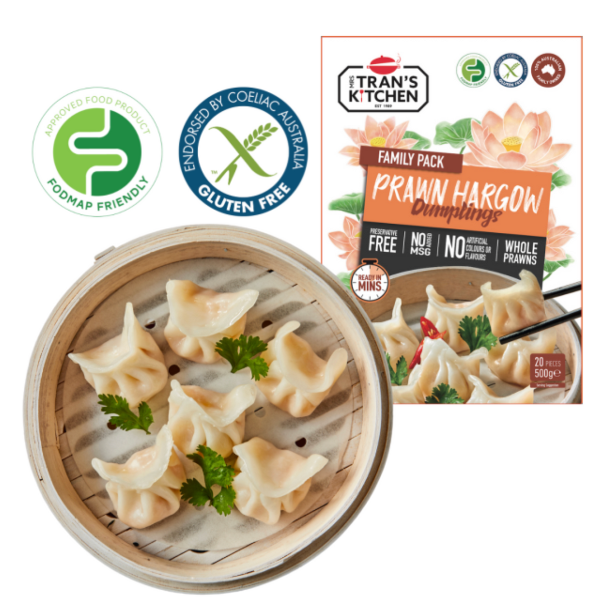 Mrs Trans Kitchen Prawn Ha Gao Dumplings (GF) 500g available at The Prickly Pineapple