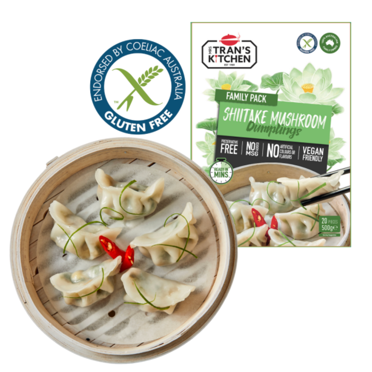 Mrs Trans Kitchen Shiitake Mushroom Dumplings (GF) 500g available at The Prickly Pineapple