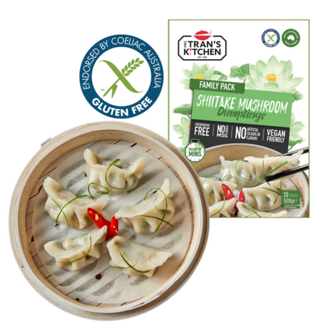 Mrs Trans Kitchen Shiitake Mushroom Dumplings (GF) 500g available at The Prickly Pineapple