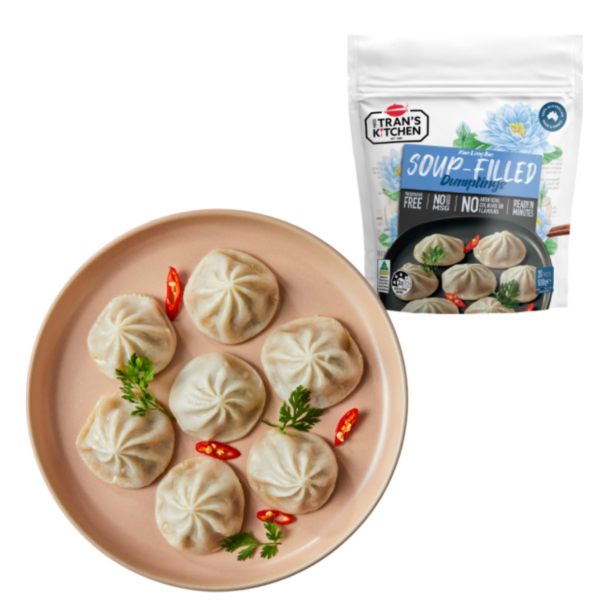 Mrs Trans Kitchen Soup Filled Dumplings (Xiao Long Bao) 500g available at The Prickly Pineapple