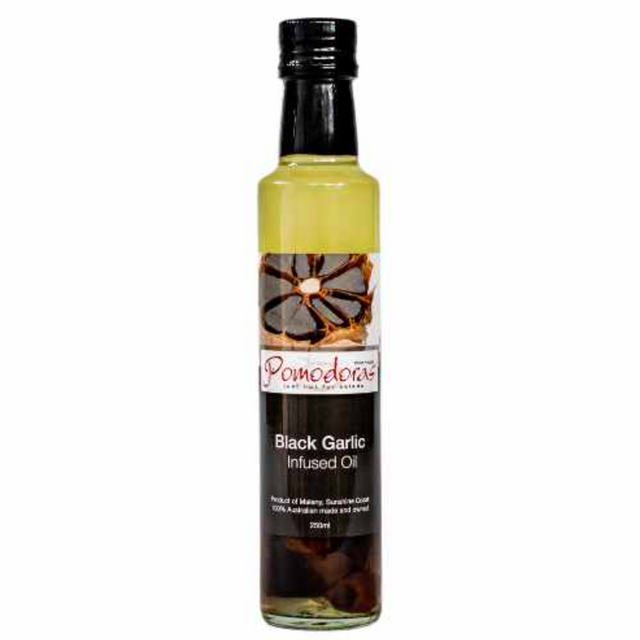 Pomodoras Black Garlic Infused Oil 250ml available at The Prickly Pineapple