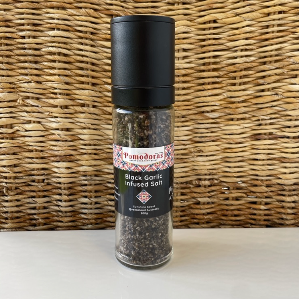 Pomodoras Black Garlic Infused Salt 200g available at The Prickly Pineapple