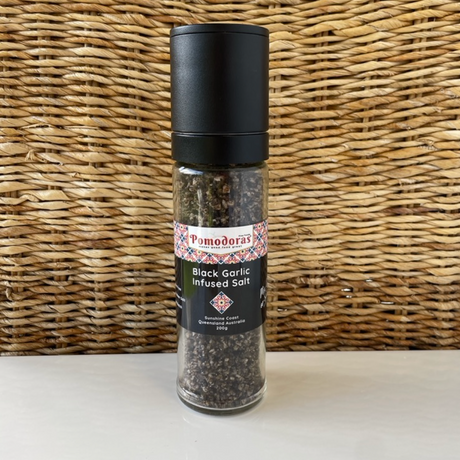 Pomodoras Black Garlic Infused Salt 200g available at The Prickly Pineapple