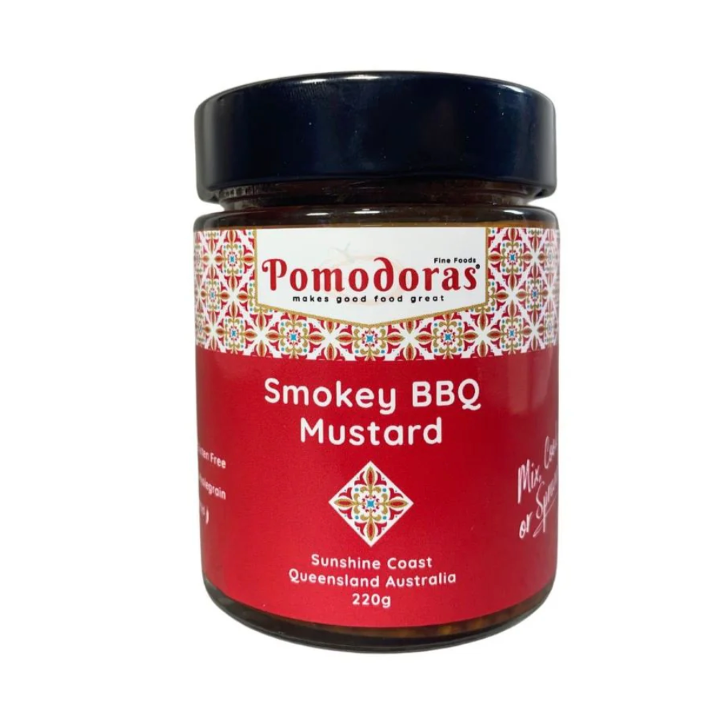 Pomodoras Smokey BBQ Mustard GF 220g available at The Prickly Pineapple