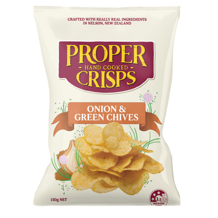 Proper Crisps Onion with Green Chives Crisps 150g available at The Prickly Pineapple