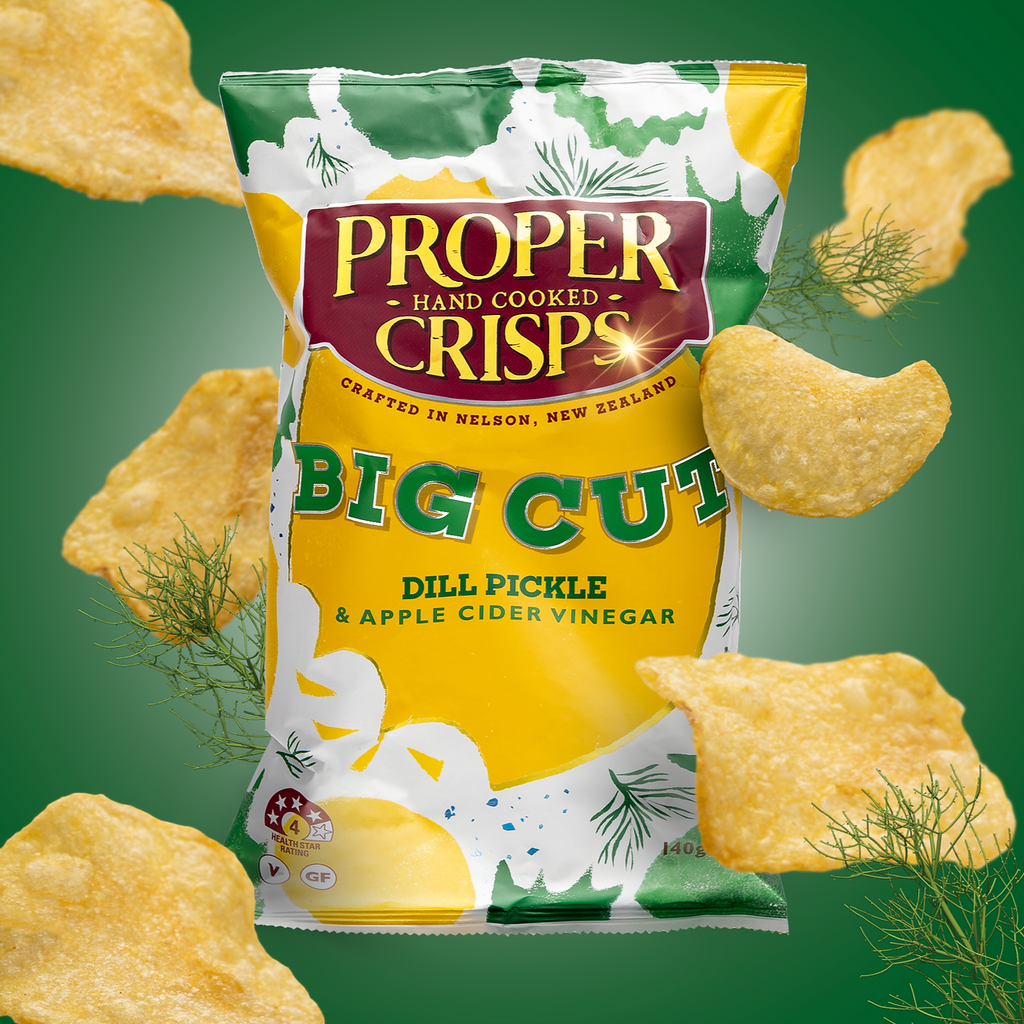 Proper Crisps Big Cut Dill Pickle & Apple Cider Vinegar 140g available at The Prickly Pineapple