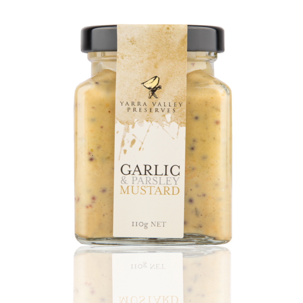 Yarra Valley Gourmet Foods Mustard Varieties 115g garlic and parsley available at The Prickly Pineapple