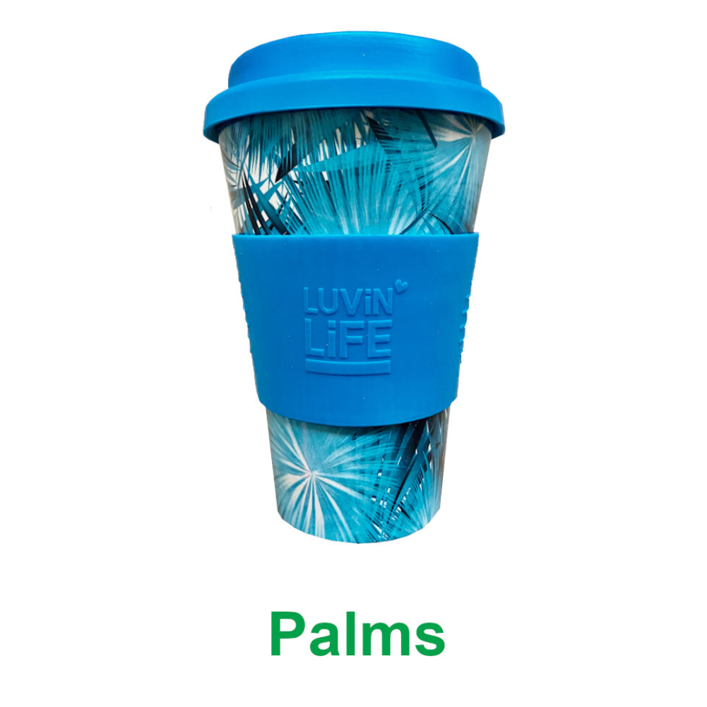 Luvin Life Bamboo Eco Travel Cup 430ml palm design available at The Prickly Pineapple