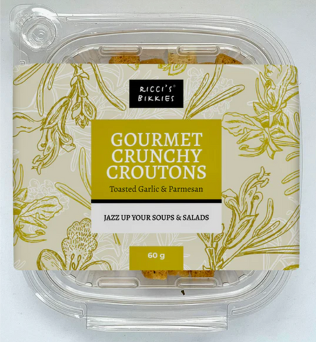 Ricci's Bikkies Gourmet Crunchy Crouton Varieties 60g Toasted Garlic & Parmesan available at The Prickly Pineapple