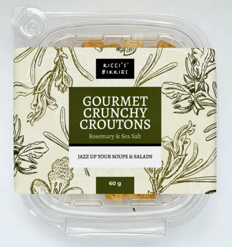 Ricci's Bikkies Gourmet Crunchy Crouton Varieties 60g rosemary & sea salt available at The Prickly Pineapple