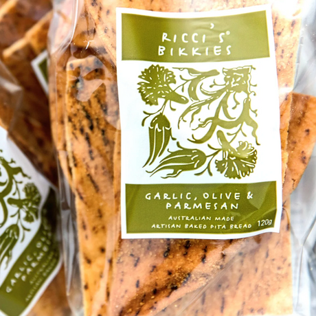 Ricci's Bikkies Pita Crisps Garlic, Olive & Parmesan 120g available at The Prickly Pineapple