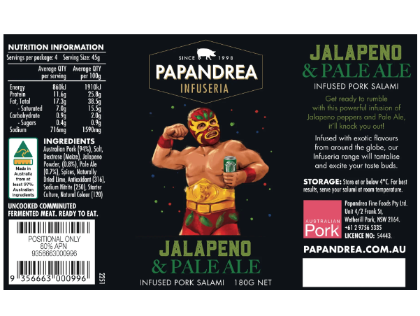 Papandrea Pork Salami Infused with Pale Ale & Jalapeno Peppers 180g available at The Prickly Pineapple