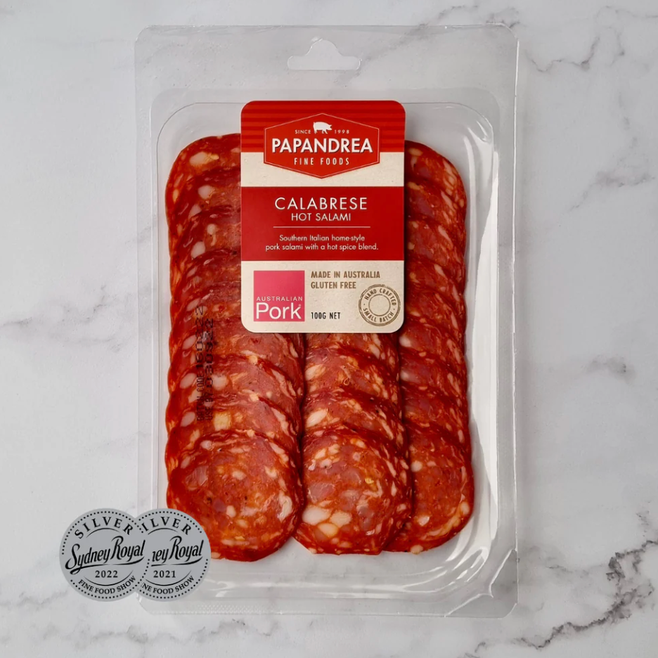 Papandrea Calabrese Hot Salami Sliced 100g available at The Prickly Pineapple