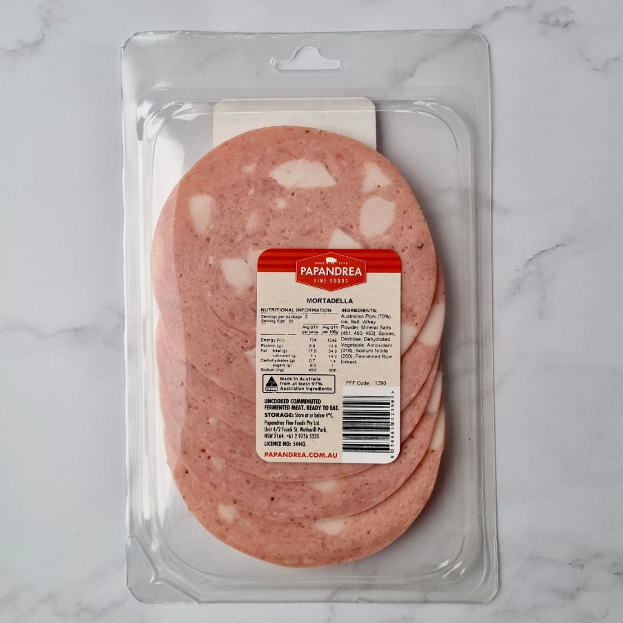 Papandrea Mortadella Sliced 100g available at The Prickly Pineapple