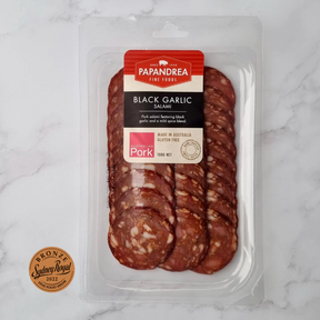 Papandrea Black Garlic Salami 100g available at The Prickly Pineapple