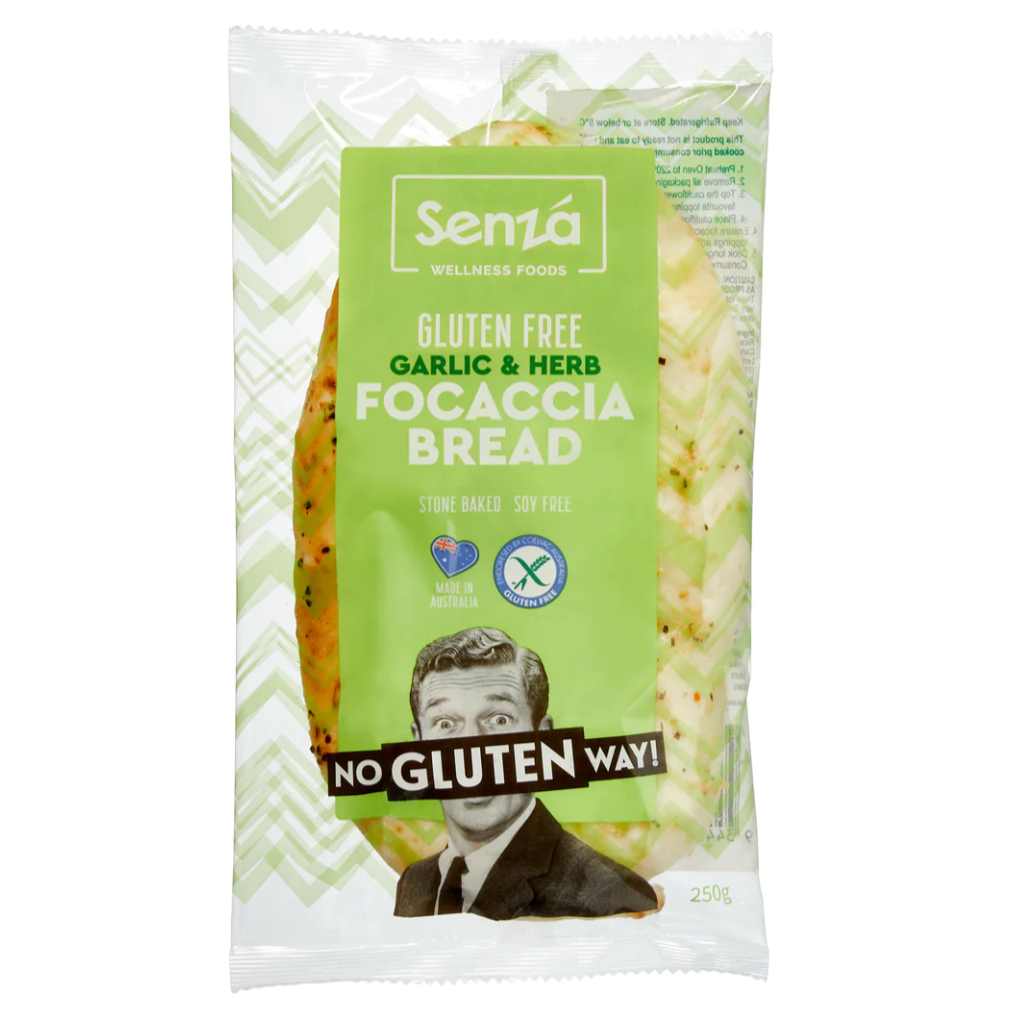 Senza Wellness Foods Garlic & Herb Focaccia Bread GF available at The Prickly Pineapple