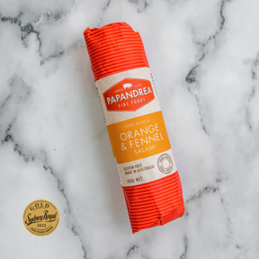 Papandrea Pork Salami with Naturally Dried Orange & Fennel Seeds 180g available at The Prickly Pineapple