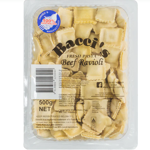 Bacci's Fresh Pasta Beef Ravioli 500g available at The Prickly Pineapple