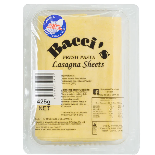 Bacci's Fresh Pasta Lasagna Sheets 425g available at The Prickly Pineapple
