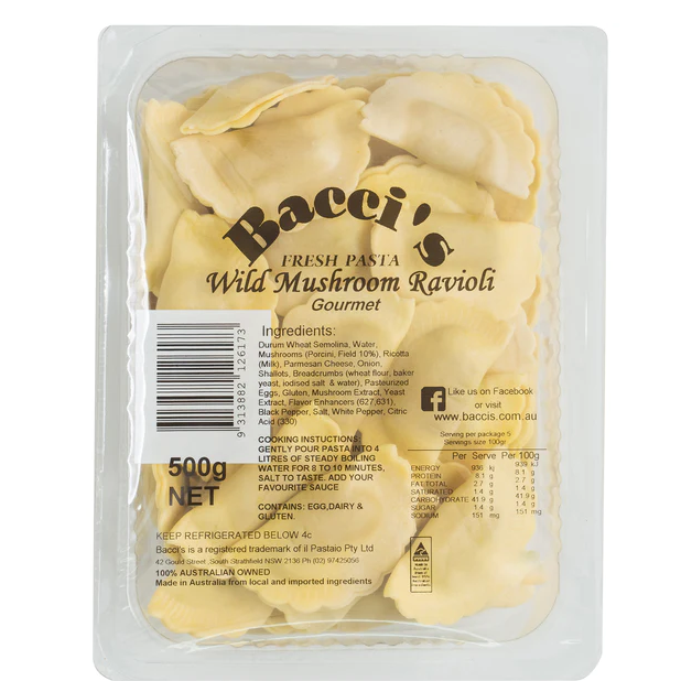 Bacci's Fresh Pasta Wild Mushroom Ravioli 500g available at The Prickly Pineapple