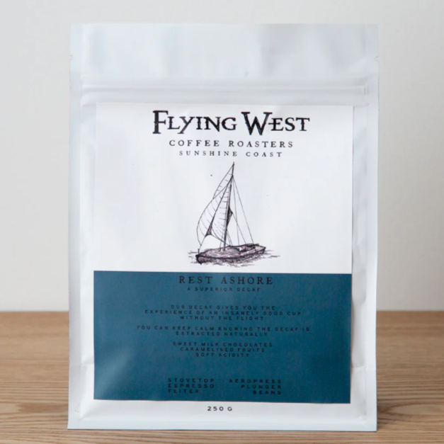 Flying West Coffee Roasters Organic Rest Ashore Decaf available at The Prickly Pineapple