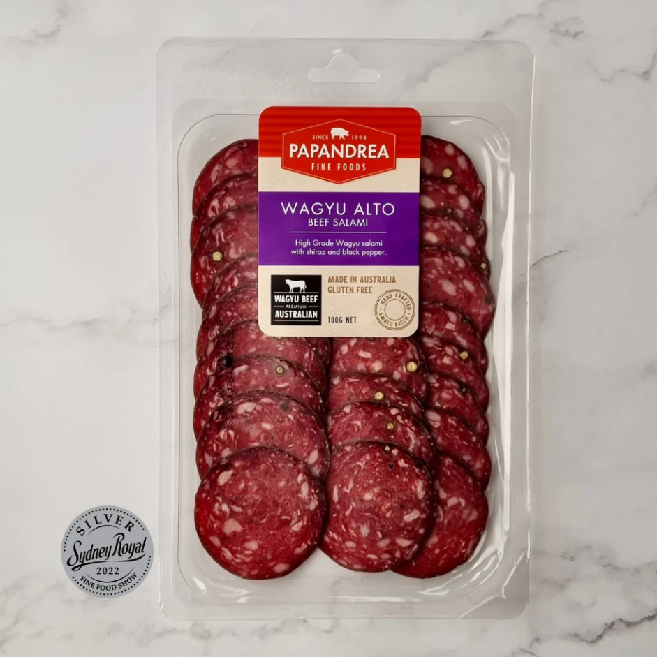 Papandrea Wagyu Alto Beef Salami 100g available at The Prickly Pineapple