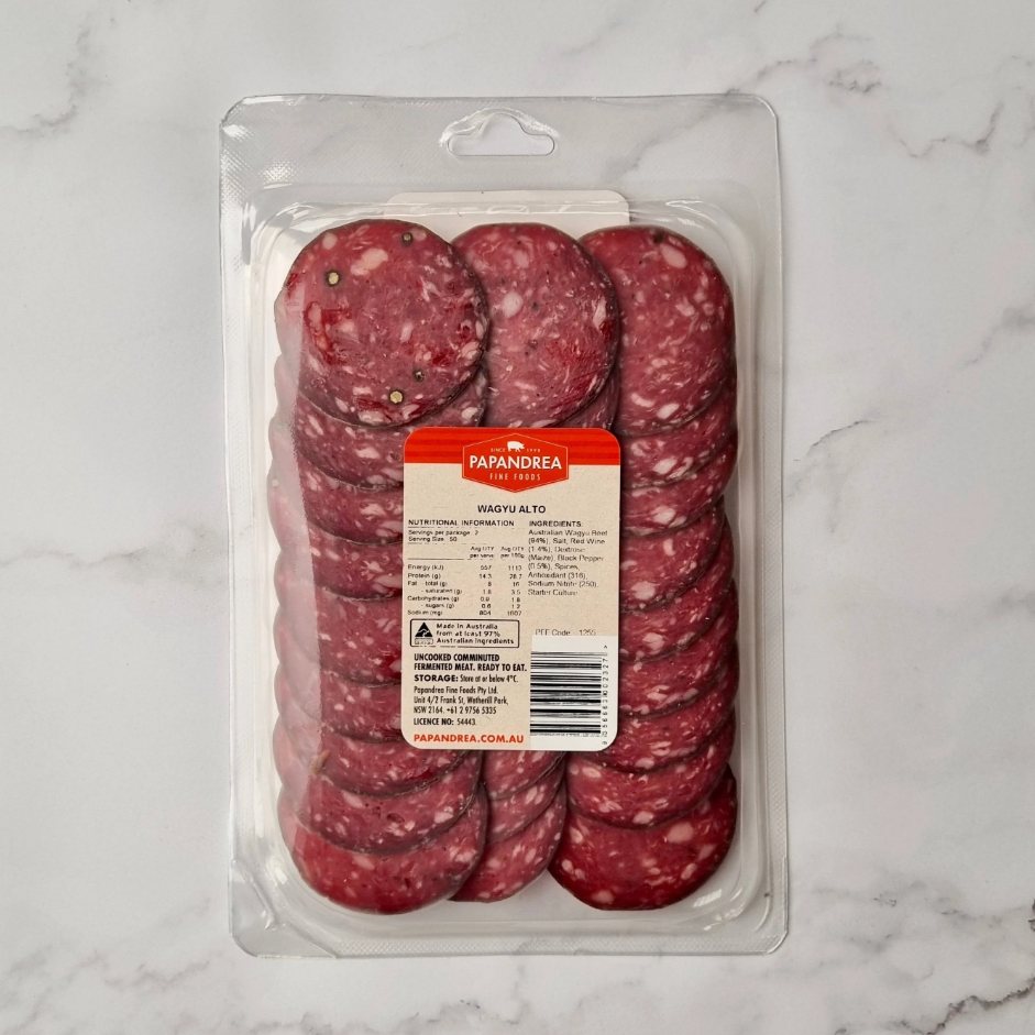 Papandrea Wagyu Alto Beef Salami 100g available at The Prickly Pineapple