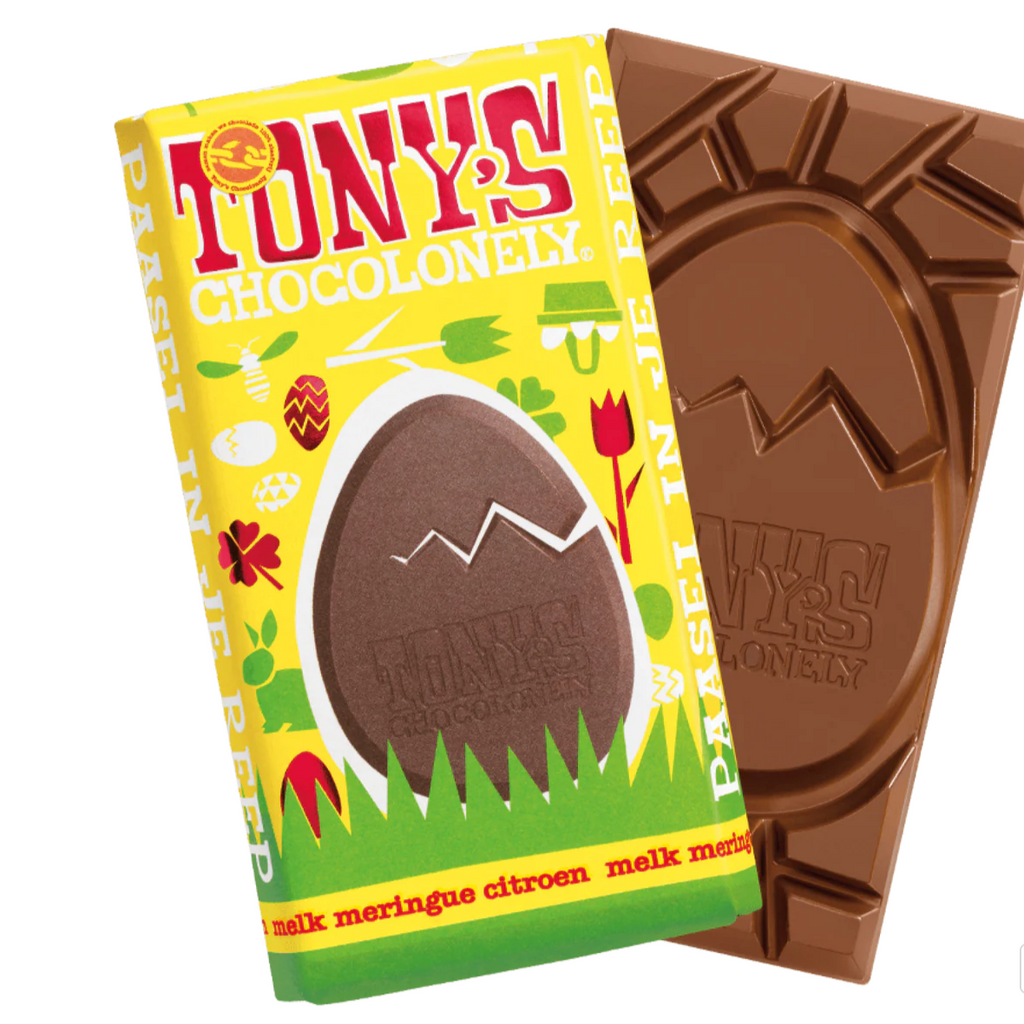 Tony's Chocolonely Easter Bar Milk Meringue Lemon 180g available at The Prickly pineapple