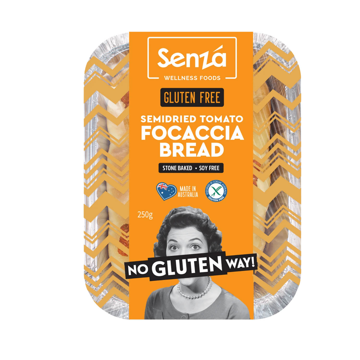 Senza Wellness Foods Semi-dried Tomato Focaccia Bread GF 250g available at The Prickly Pineapple