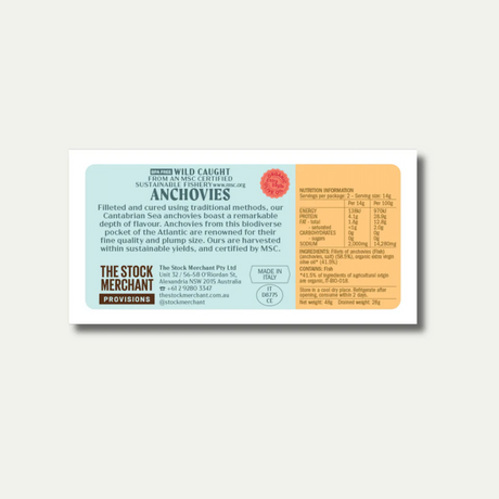 The Stock Merchant MSC Anchovies in Organic Extra Virgin Olive Oil 120g available at The Prickly Pineapple 