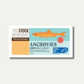 The Stock Merchant MSC Anchovies in Organic Extra Virgin Olive Oil 120g available at The Prickly Pineapple