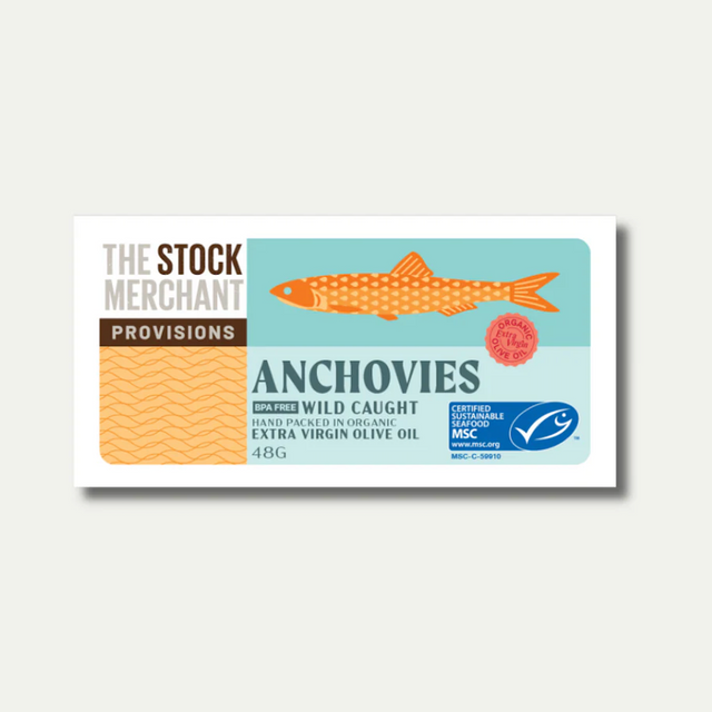 The Stock Merchant MSC Anchovies in Organic Extra Virgin Olive Oil 120g available at The Prickly Pineapple