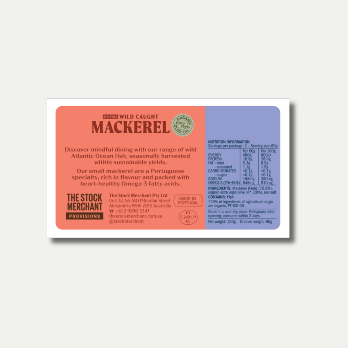 The Stock Merchant Mackerel in Organic Extra Virgin Olive Oil 120g available at The Prickly Pineapple